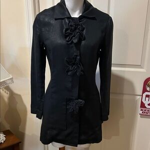 Anne Fontaine Black Linen Dress/Jacket. Front pockets. Floral Accent. 38